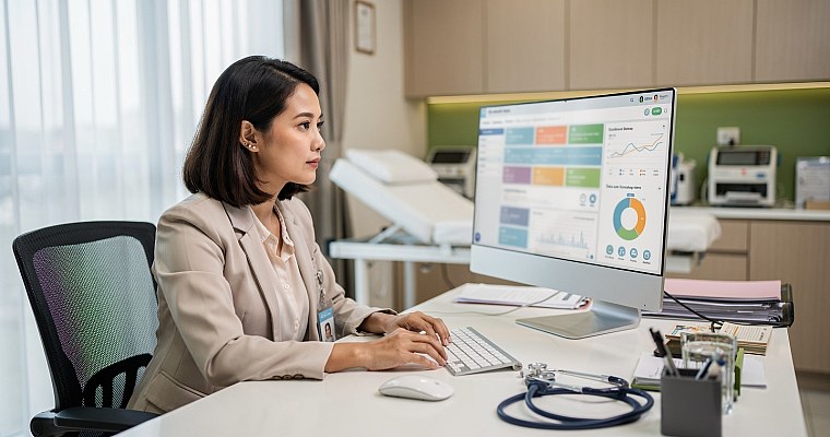 Malaysian clinic manager using AI-assisted documentation software at her desk in a modern private clinic