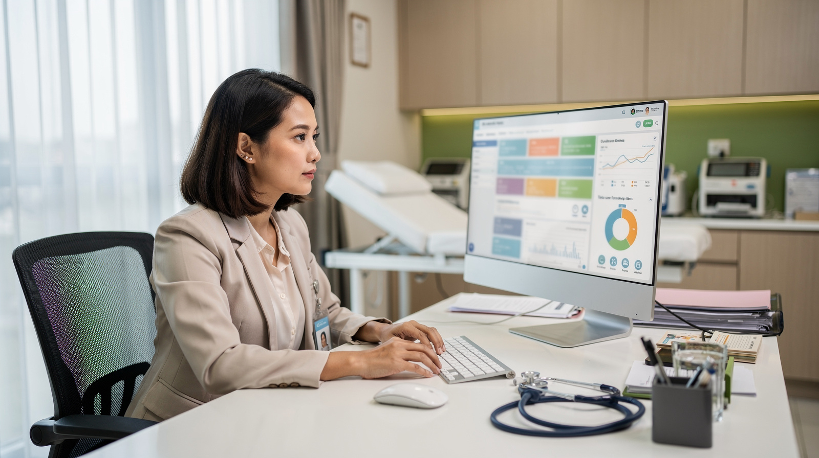 Malaysian clinic manager using AI-assisted documentation software at her desk in a modern private clinic
