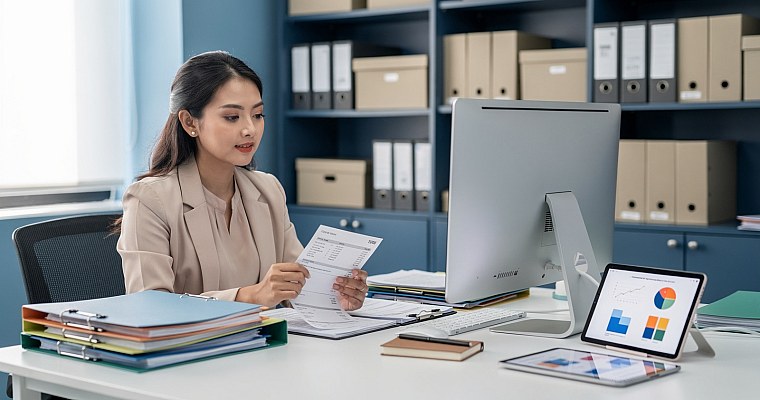 A professional clinic administrator reviewing invoices and payment records on a digital dashboard, representing modern clinic billing management