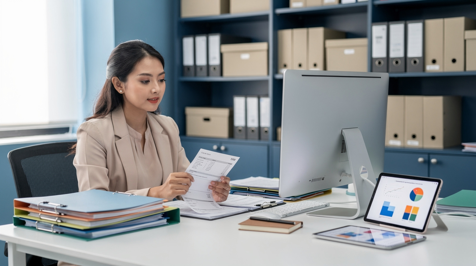 A professional clinic administrator reviewing invoices and payment records on a digital dashboard, representing modern clinic billing management