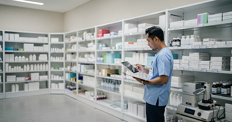 Clinic pharmacy staff member checking and organizing medical supplies and medications in organized storage shelves