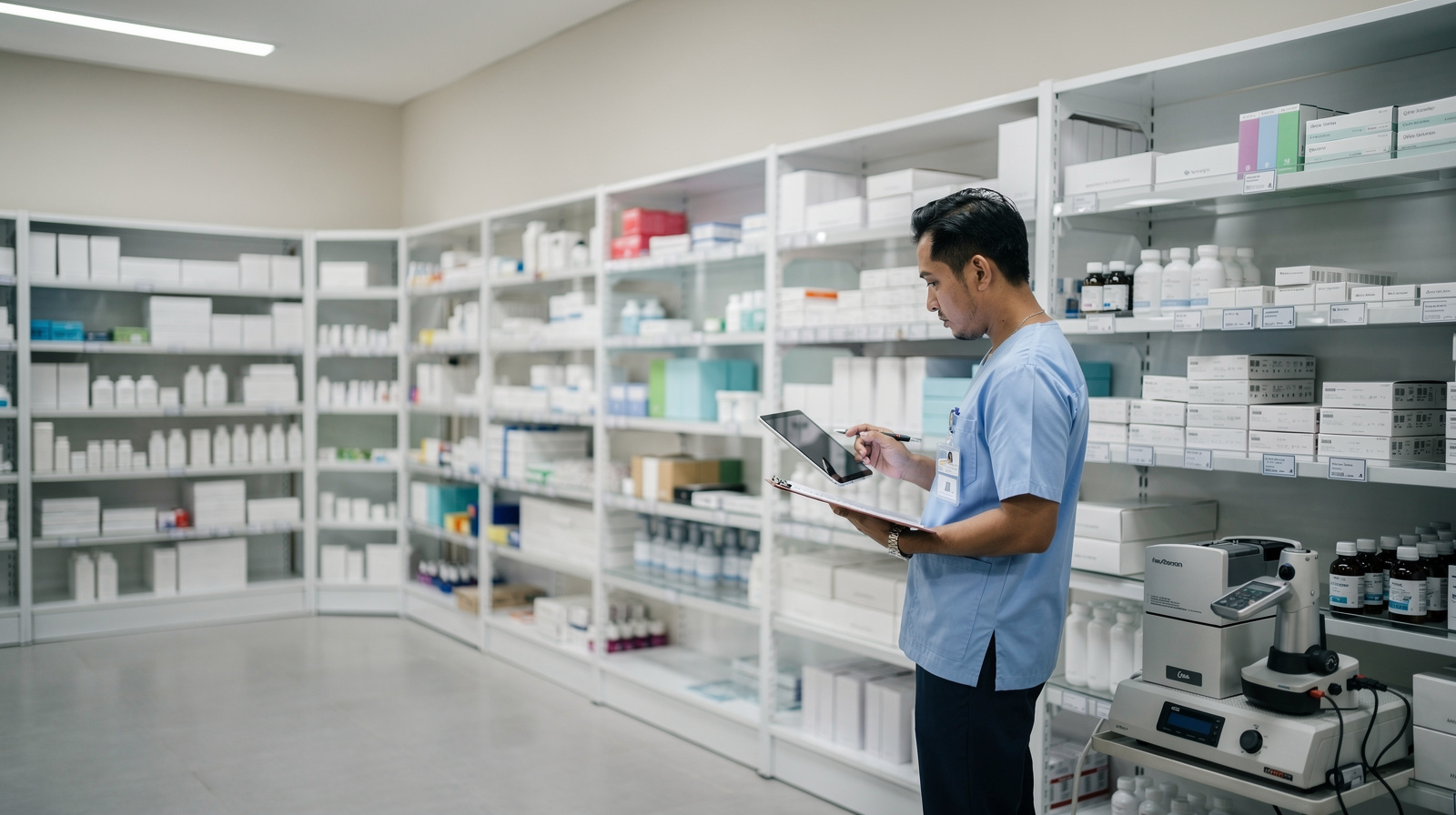 Clinic pharmacy staff member checking and organizing medical supplies and medications in organized storage shelves