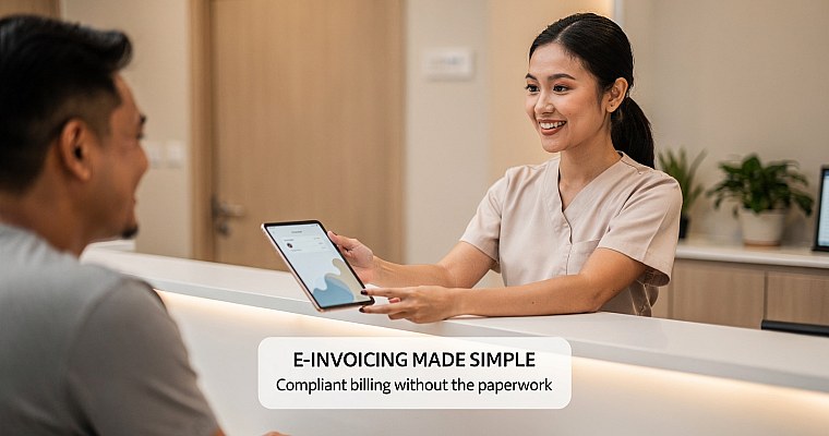 Digital invoice and billing dashboard illustrating LHDN e-invoicing compliance in Curasix