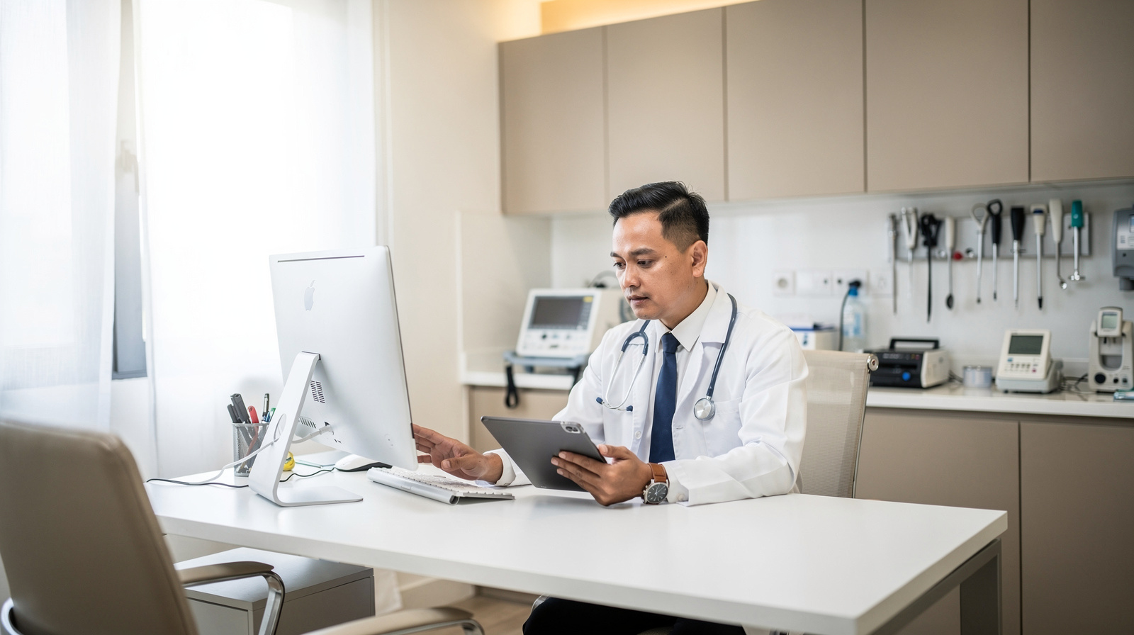 Modern Malaysian doctor reviewing patient electronic health records on a tablet in a professional clinic office with medical equipment and calm professional atmosphere.