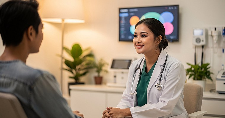 A warm doctor-patient consultation in a modern Malaysian clinic with digital health records and communication tools visible in the background