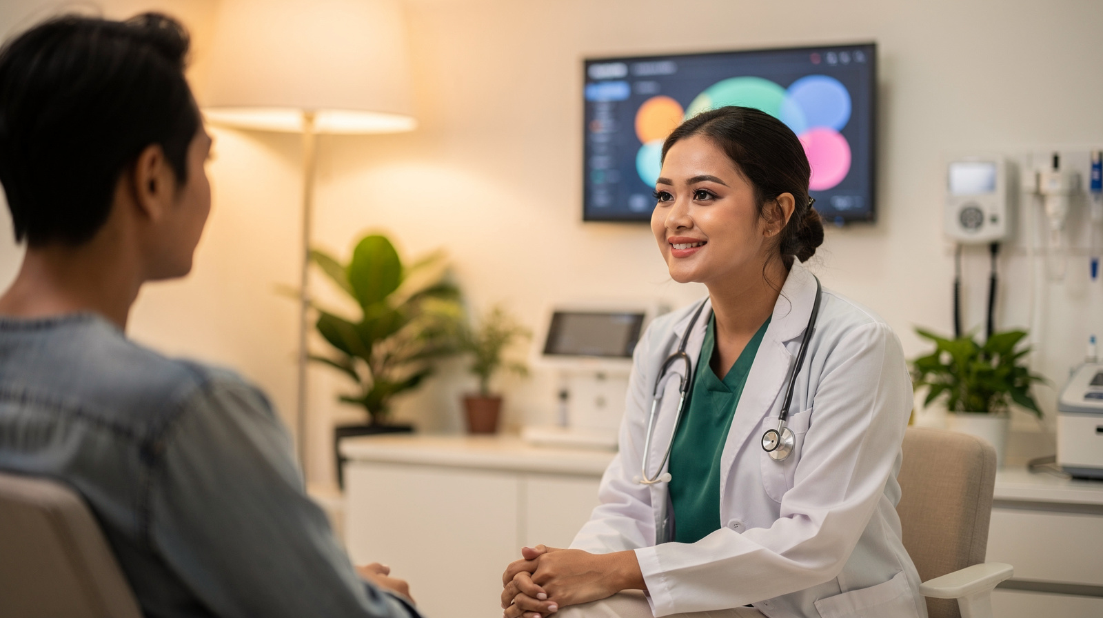 A warm doctor-patient consultation in a modern Malaysian clinic with digital health records and communication tools visible in the background